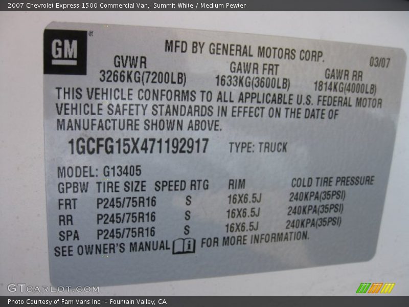 Summit White / Medium Pewter 2007 Chevrolet Express 1500 Commercial Van