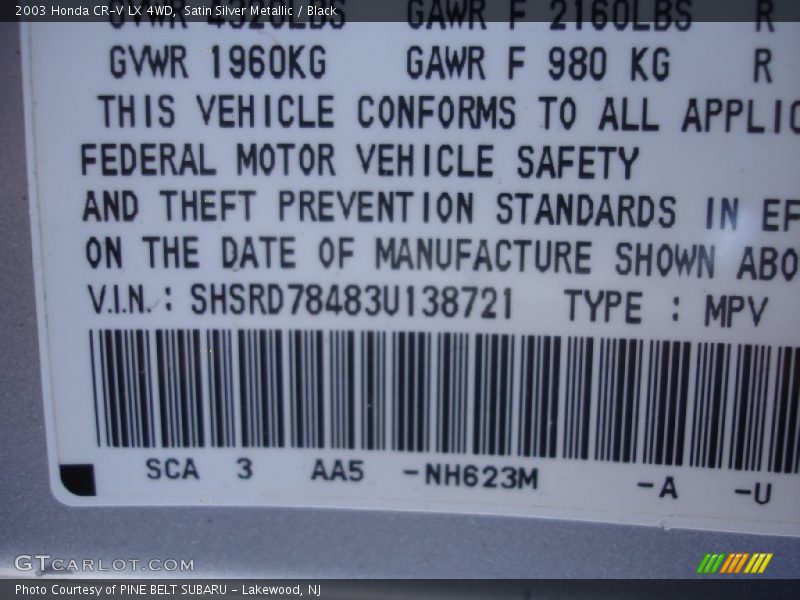 2003 CR-V LX 4WD Satin Silver Metallic Color Code NH623M