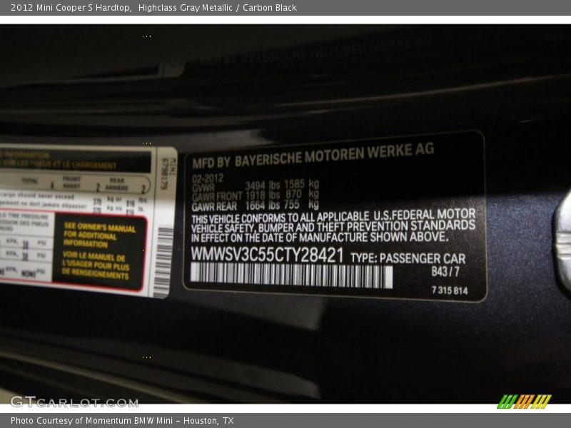 Highclass Gray Metallic / Carbon Black 2012 Mini Cooper S Hardtop