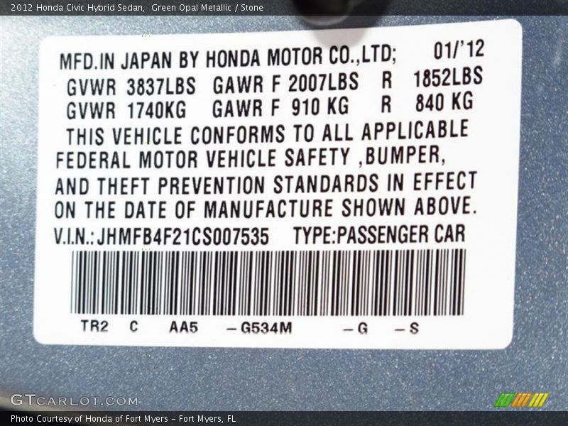 2012 Civic Hybrid Sedan Green Opal Metallic Color Code G534M