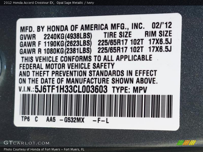 2012 Accord Crosstour EX Opal Sage Metallic Color Code G532MX