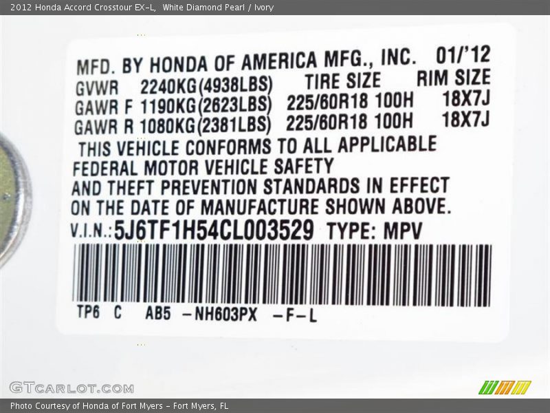 2012 Accord Crosstour EX-L White Diamond Pearl Color Code NH603PX