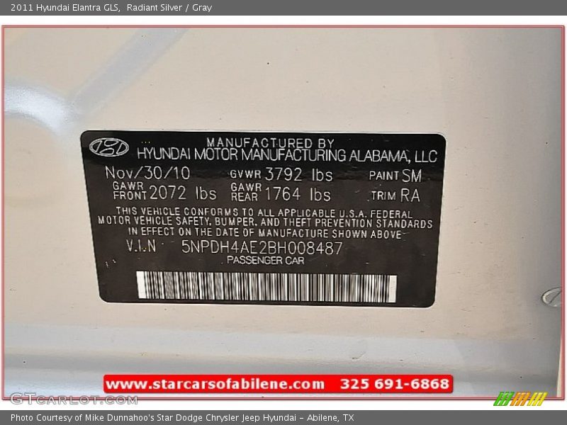 Radiant Silver / Gray 2011 Hyundai Elantra GLS