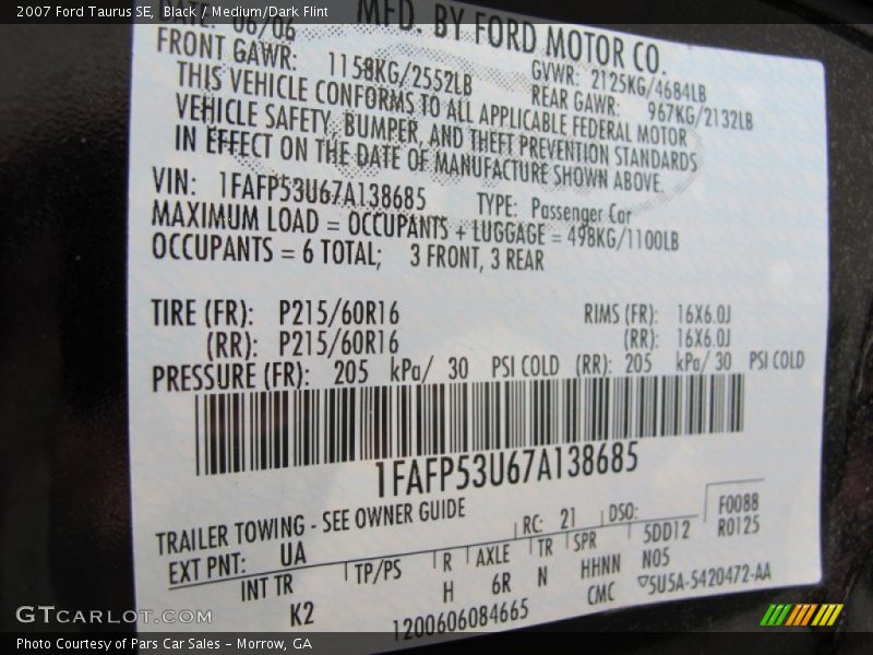 2007 Taurus SE Black Color Code UA