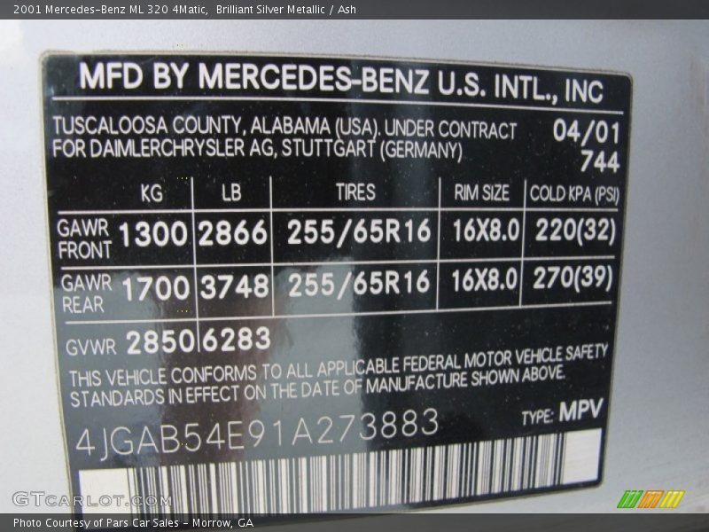 2001 ML 320 4Matic Brilliant Silver Metallic Color Code 744