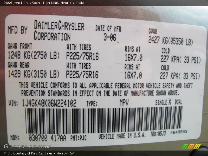 2006 Liberty Sport Light Khaki Metallic Color Code PJC