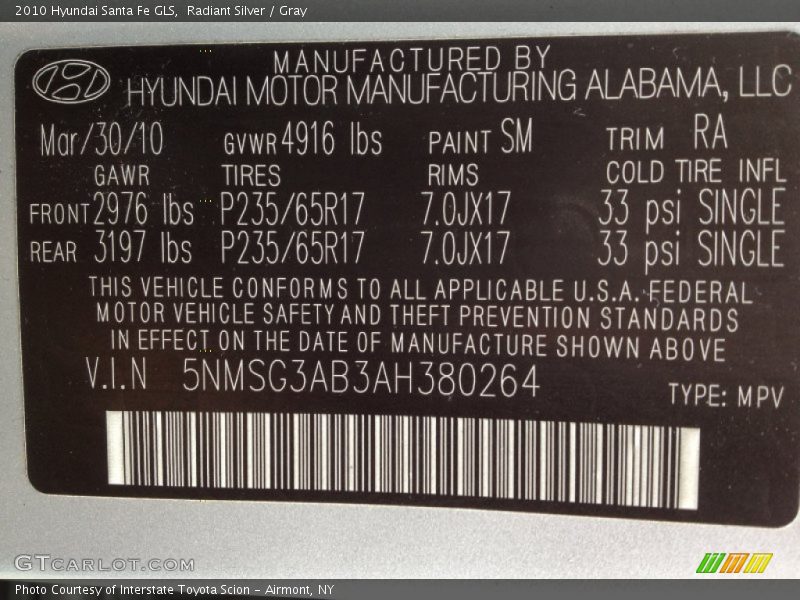 2010 Santa Fe GLS Radiant Silver Color Code SM