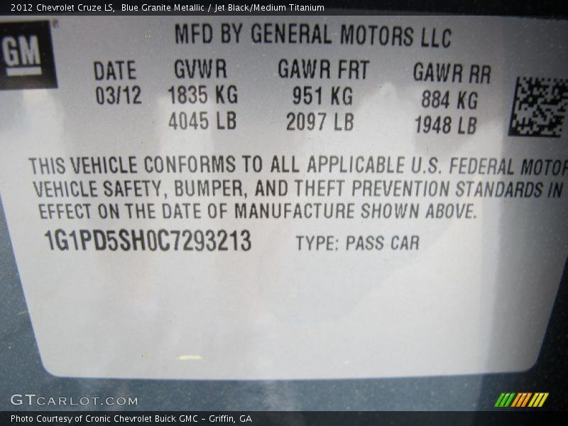 Blue Granite Metallic / Jet Black/Medium Titanium 2012 Chevrolet Cruze LS