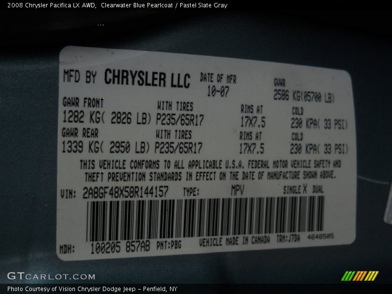 2008 Pacifica LX AWD Clearwater Blue Pearlcoat Color Code PBG