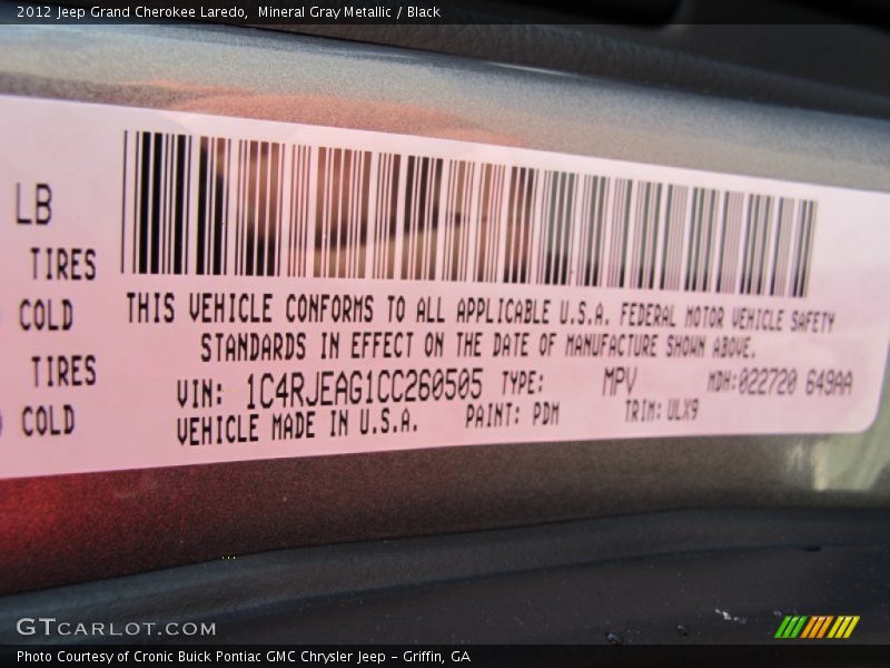 Mineral Gray Metallic / Black 2012 Jeep Grand Cherokee Laredo
