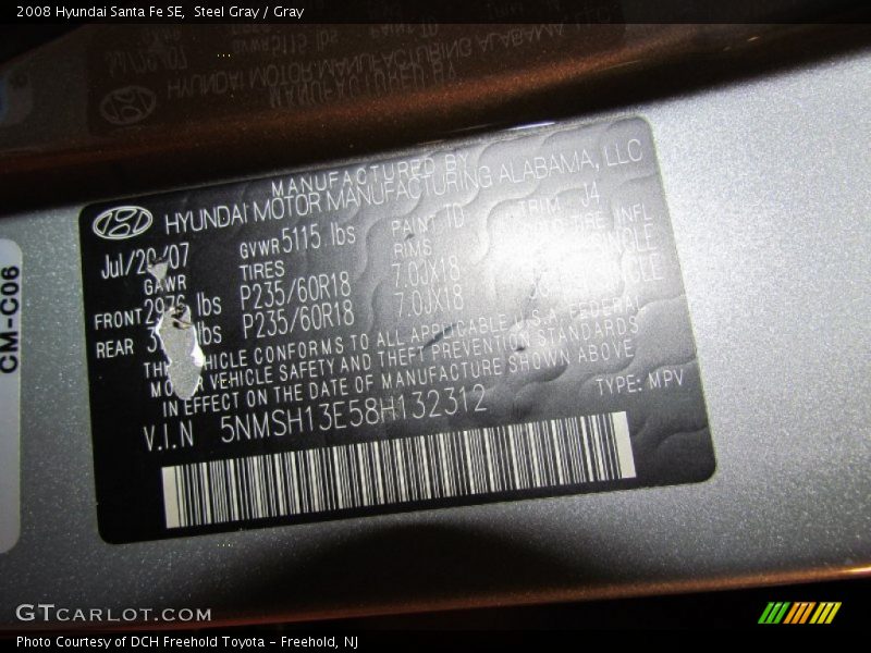 Steel Gray / Gray 2008 Hyundai Santa Fe SE