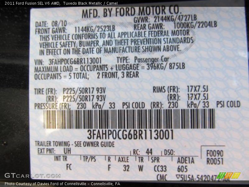 2011 Fusion SEL V6 AWD Tuxedo Black Metallic Color Code UH