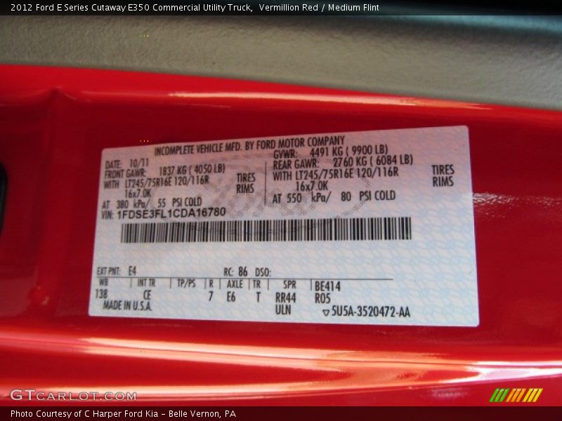 2012 E Series Cutaway E350 Commercial Utility Truck Vermillion Red Color Code E4