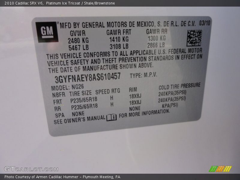 Platinum Ice Tricoat / Shale/Brownstone 2010 Cadillac SRX V6