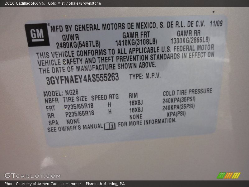 Gold Mist / Shale/Brownstone 2010 Cadillac SRX V6