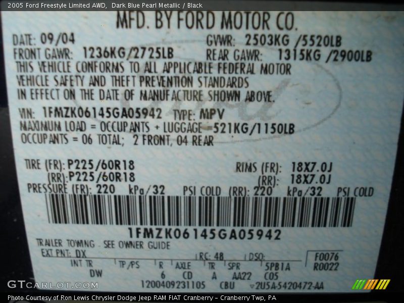 2005 Freestyle Limited AWD Dark Blue Pearl Metallic Color Code DX