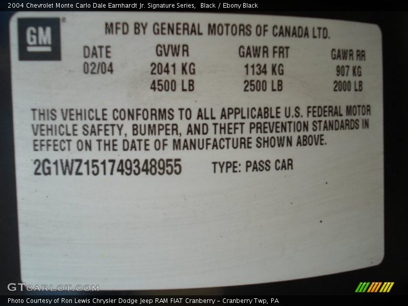 Black / Ebony Black 2004 Chevrolet Monte Carlo Dale Earnhardt Jr. Signature Series