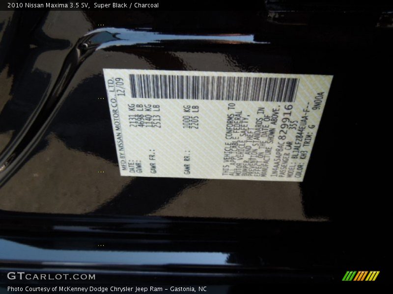 Super Black / Charcoal 2010 Nissan Maxima 3.5 SV