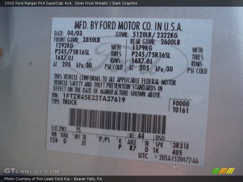 2003 Ranger FX4 SuperCab 4x4 Silver Frost Metallic Color Code TS