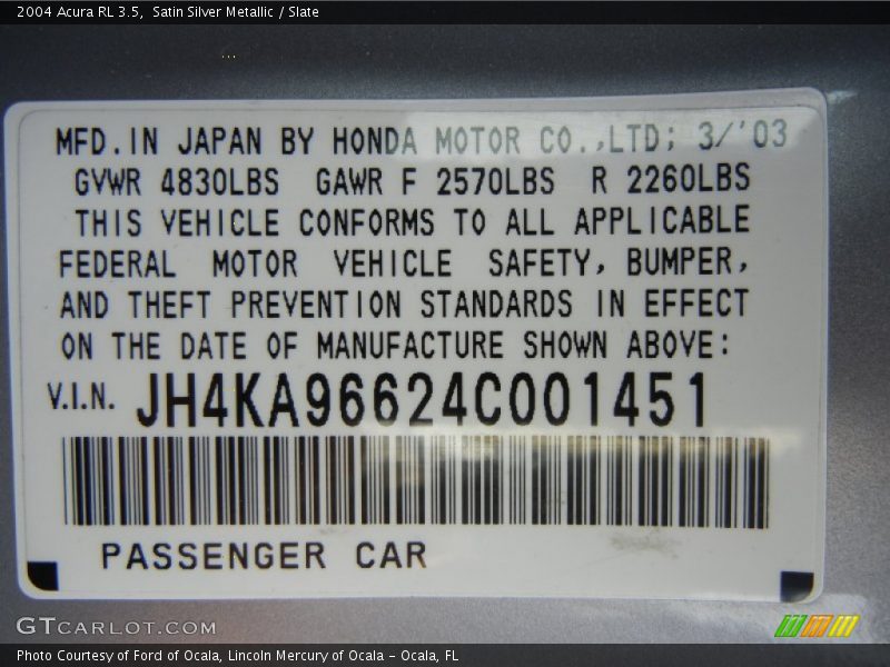 Info Tag of 2004 RL 3.5