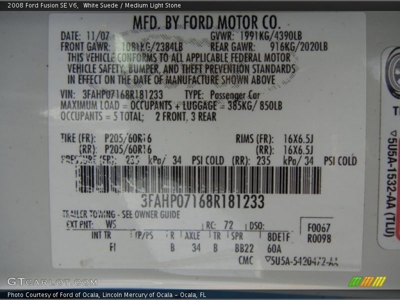 2008 Fusion SE V6 White Suede Color Code WS
