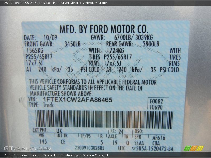 2010 F150 XL SuperCab Ingot Silver Metallic Color Code UX