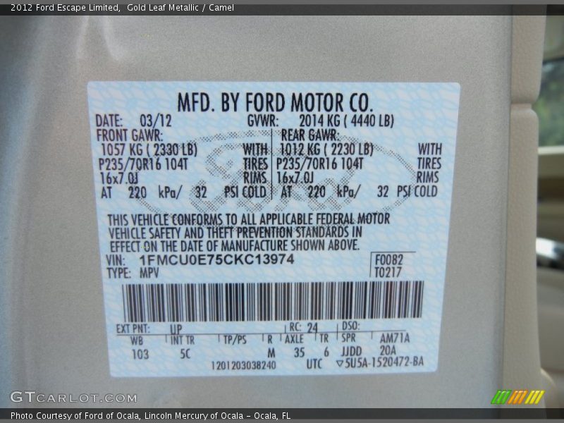 Gold Leaf Metallic / Camel 2012 Ford Escape Limited