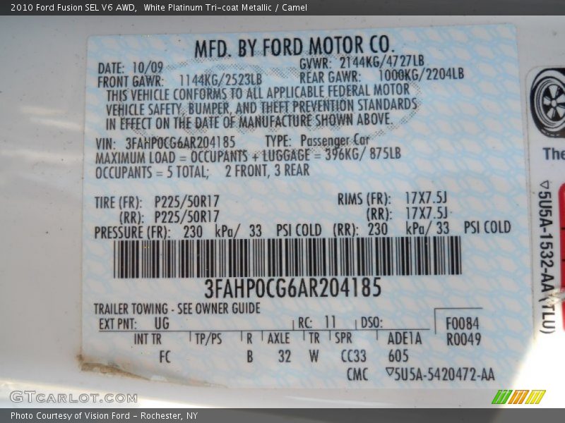 2010 Fusion SEL V6 AWD White Platinum Tri-coat Metallic Color Code UG