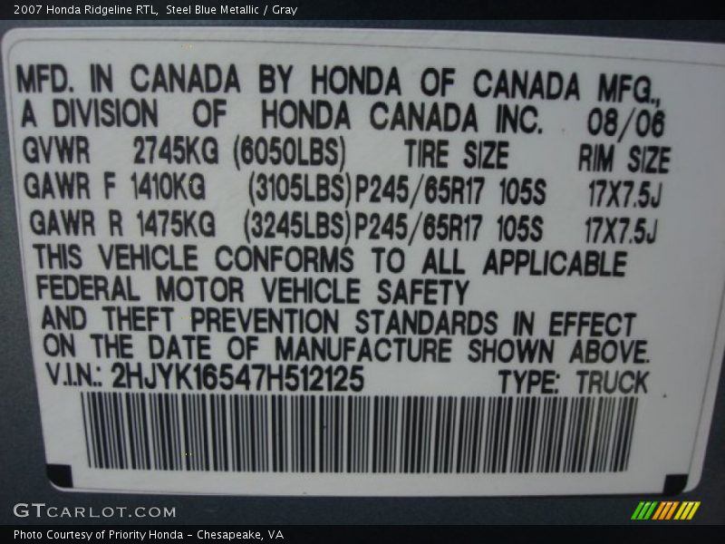 Steel Blue Metallic / Gray 2007 Honda Ridgeline RTL