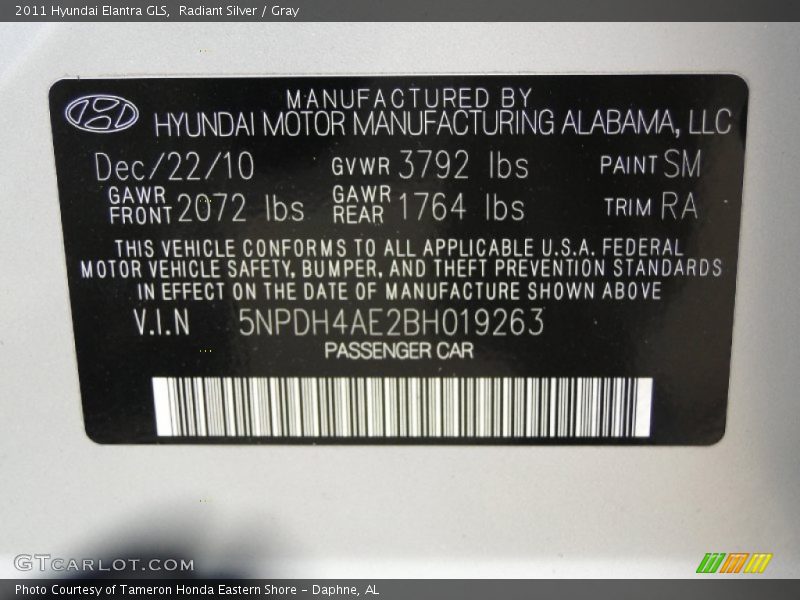 2011 Elantra GLS Radiant Silver Color Code SM