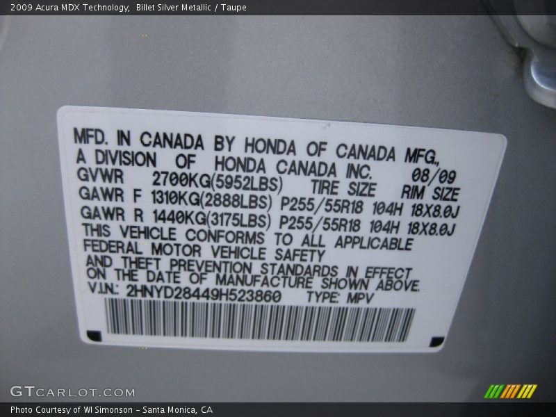 Billet Silver Metallic / Taupe 2009 Acura MDX Technology