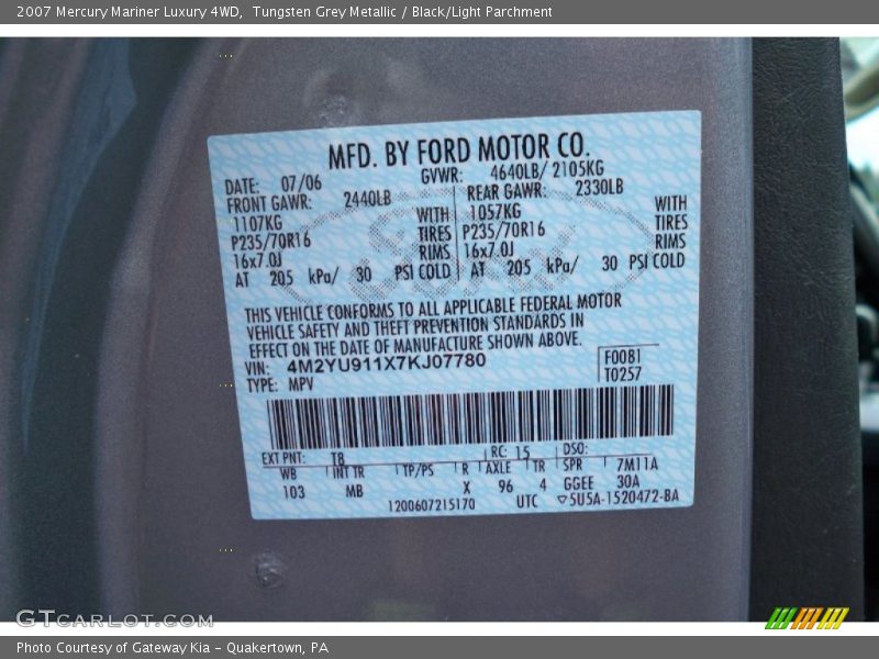 2007 Mariner Luxury 4WD Tungsten Grey Metallic Color Code T8
