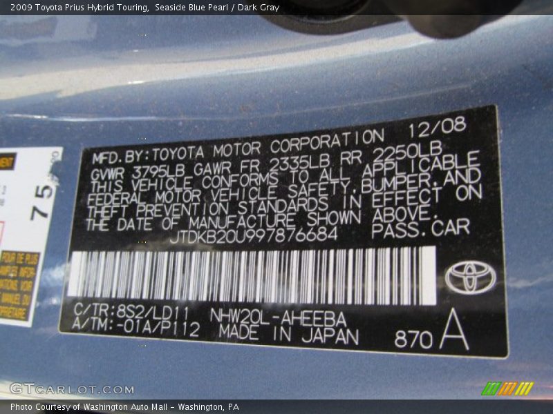 Seaside Blue Pearl / Dark Gray 2009 Toyota Prius Hybrid Touring