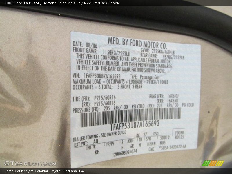 Arizona Beige Metallic / Medium/Dark Pebble 2007 Ford Taurus SE