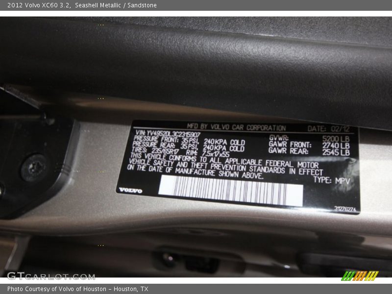 Info Tag of 2012 XC60 3.2
