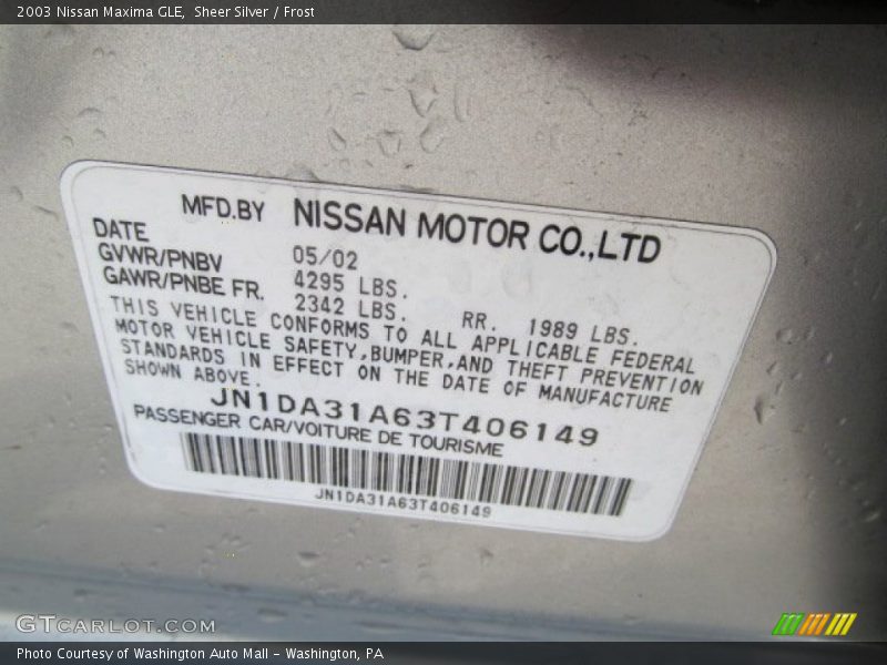 Sheer Silver / Frost 2003 Nissan Maxima GLE