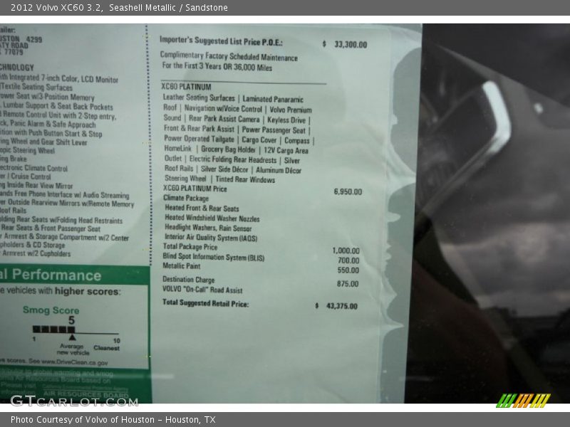  2012 XC60 3.2 Window Sticker