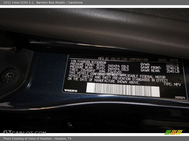 Barrents Blue Metallic / Sandstone 2012 Volvo XC60 3.2