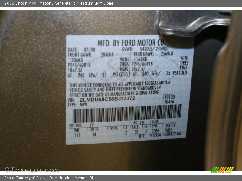 2008 MKX  Vapor Silver Metallic Color Code ZY