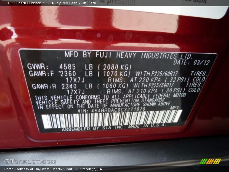 Ruby Red Pearl / Off Black 2012 Subaru Outback 2.5i