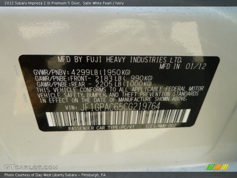 Satin White Pearl / Ivory 2012 Subaru Impreza 2.0i Premium 5 Door