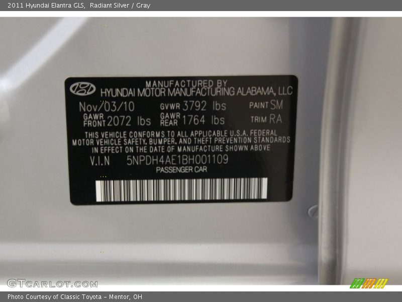 2011 Elantra GLS Radiant Silver Color Code SM