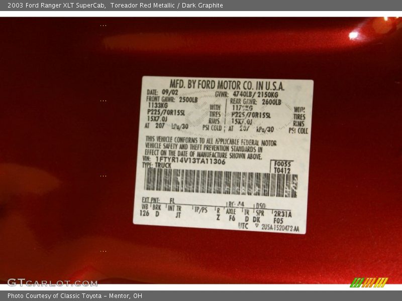 2003 Ranger XLT SuperCab Toreador Red Metallic Color Code FL