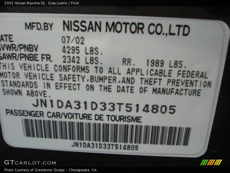 Gray Lustre / Frost 2003 Nissan Maxima SE