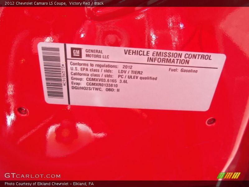 Info Tag of 2012 Camaro LS Coupe