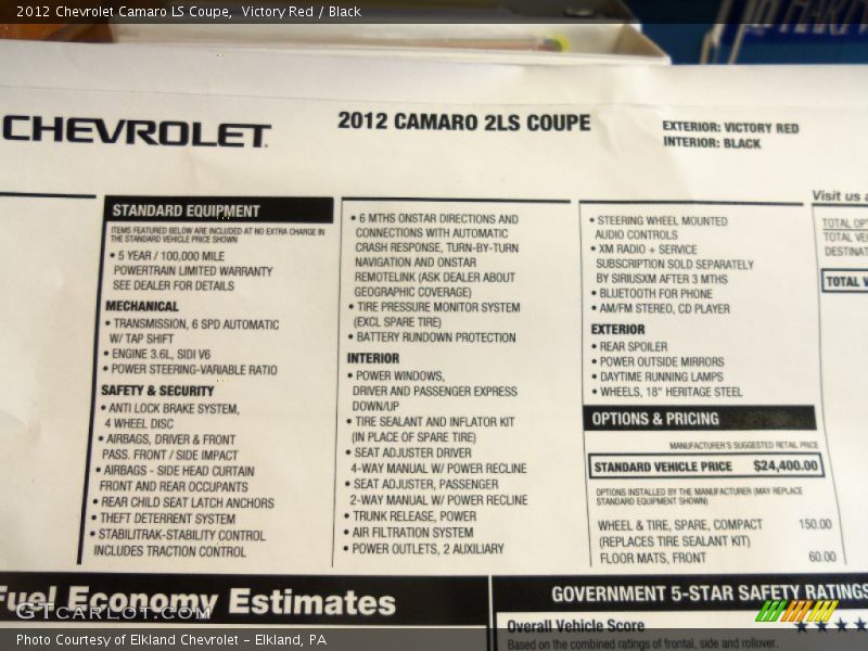  2012 Camaro LS Coupe Window Sticker