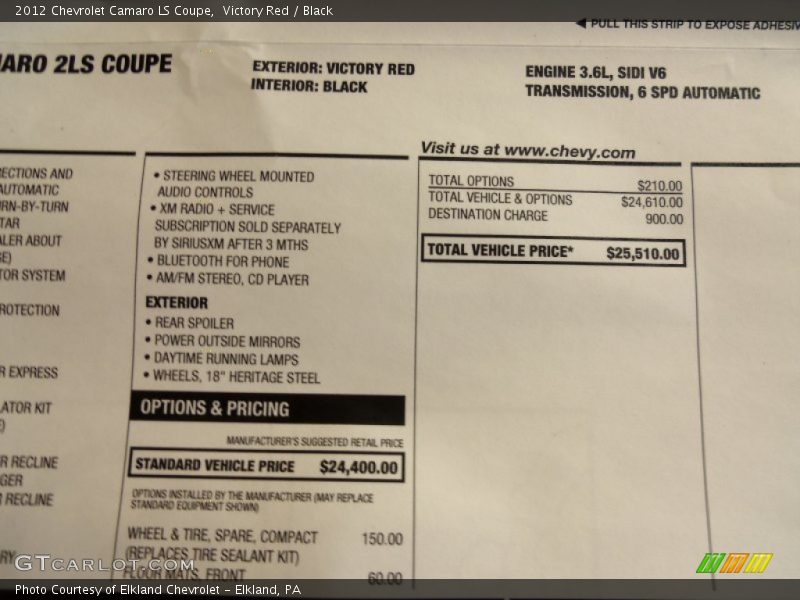  2012 Camaro LS Coupe Window Sticker