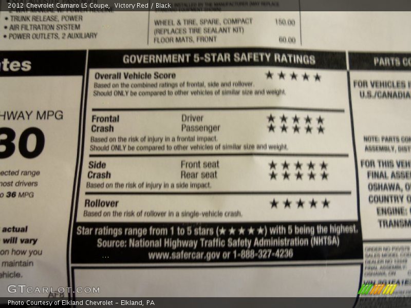  2012 Camaro LS Coupe Window Sticker