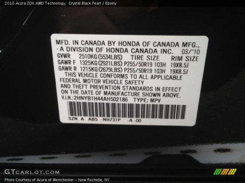Crystal Black Pearl / Ebony 2010 Acura ZDX AWD Technology