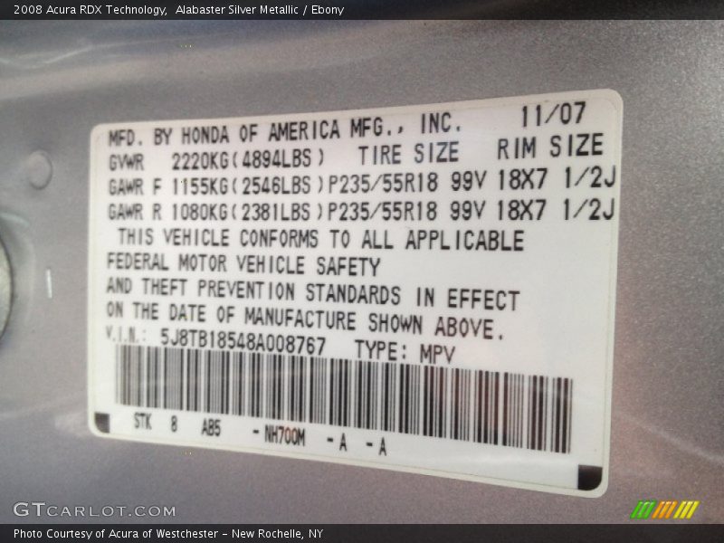 2008 RDX Technology Alabaster Silver Metallic Color Code NH700M